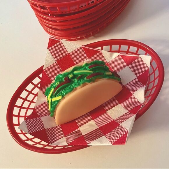 Set of 8 Red Plastic Hot Dog, French Fries, Burger, Taco Old School Food… - Picture 1 of 3